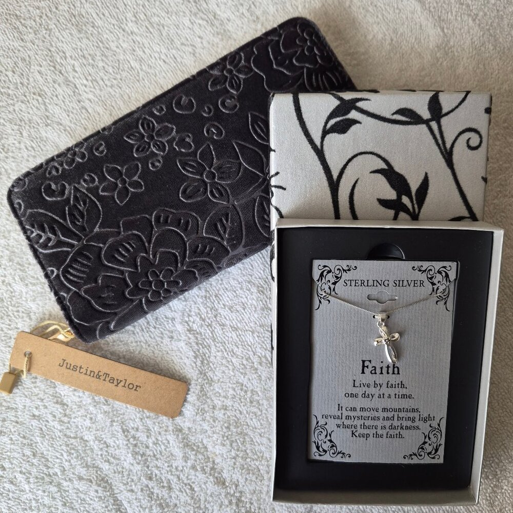 Velvet Wallet + Sterling Silver Faith Necklace Gift Set